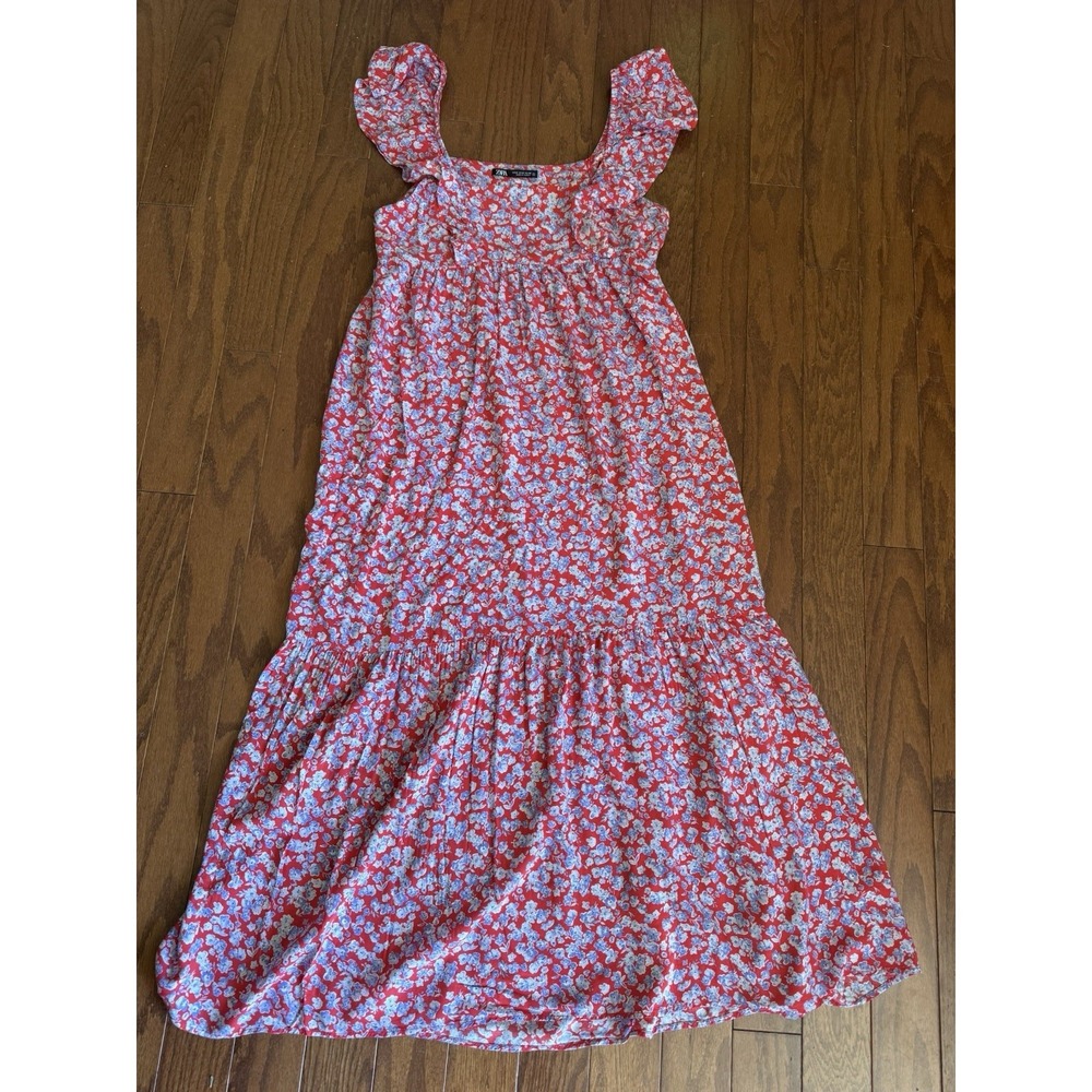 Zara Floral Ruffle Sleeve Maxi Dress Red Blue Smocked Back Size M - Picture 8 of 10